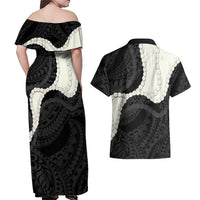 Black Polynesia Tribal Octopus Tattoo Couples Matching Off Shoulder Maxi Dress and Hawaiian Shirt Pikake Lei Polynesian Pattern LT14 - Polynesian Pride