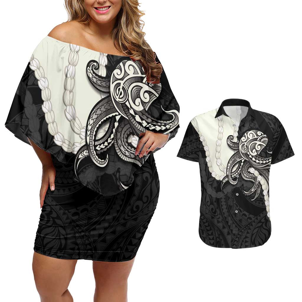 Black Polynesia Tribal Octopus Tattoo Couples Matching Off Shoulder Short Dress and Hawaiian Shirt Pikake Lei Polynesian Pattern