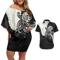 Black Polynesia Tribal Octopus Tattoo Couples Matching Off Shoulder Short Dress and Hawaiian Shirt Pikake Lei Polynesian Pattern