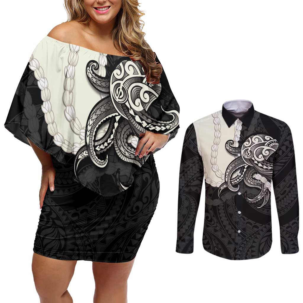 Black Polynesia Tribal Octopus Tattoo Couples Matching Off Shoulder Short Dress and Long Sleeve Button Shirt Pikake Lei Polynesian Pattern LT14 Black - Polynesian Pride