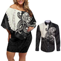 Black Polynesia Tribal Octopus Tattoo Couples Matching Off Shoulder Short Dress and Long Sleeve Button Shirt Pikake Lei Polynesian Pattern LT14 Black - Polynesian Pride