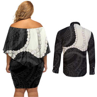 Black Polynesia Tribal Octopus Tattoo Couples Matching Off Shoulder Short Dress and Long Sleeve Button Shirt Pikake Lei Polynesian Pattern LT14 - Polynesian Pride