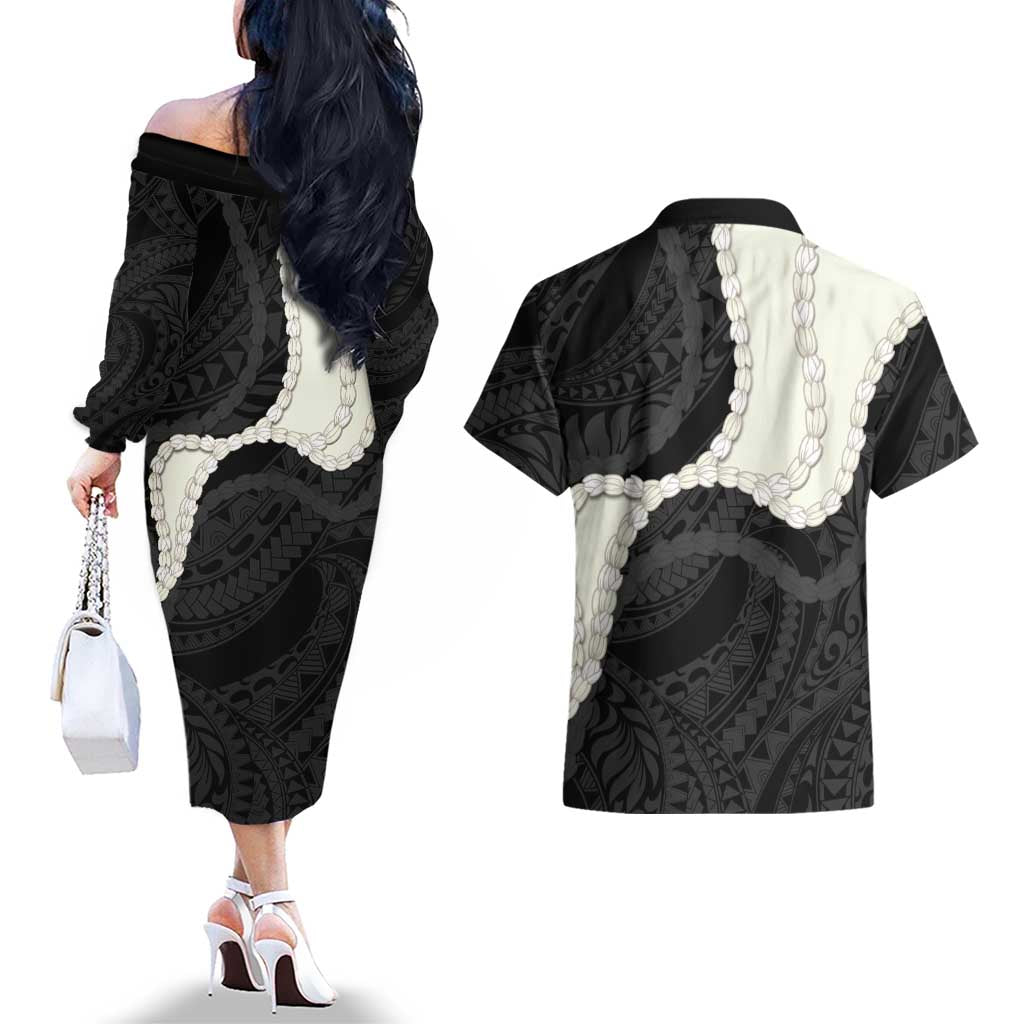 Black Polynesia Tribal Octopus Tattoo Couples Matching Off The Shoulder Long Sleeve Dress and Hawaiian Shirt Pikake Lei Polynesian Pattern