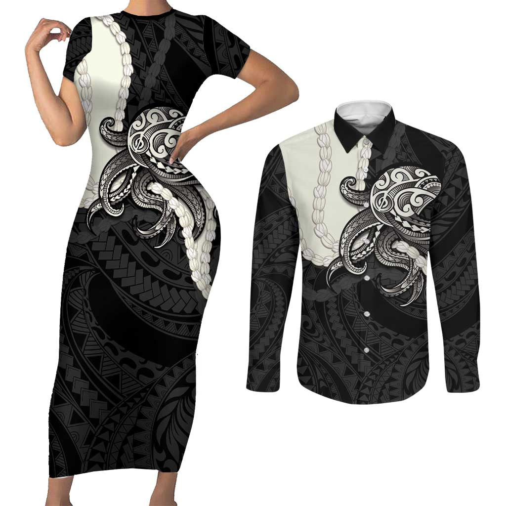 Black Polynesia Tribal Octopus Tattoo Couples Matching Short Sleeve Bodycon Dress and Long Sleeve Button Shirt Pikake Lei Polynesian Pattern