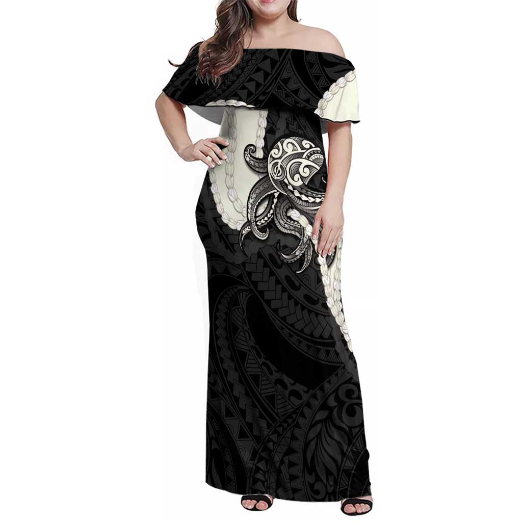 Black Polynesia Tribal Octopus Tattoo Family Matching Off Shoulder Maxi Dress and Hawaiian Shirt Pikake Lei Polynesian Pattern LT14 Mom's Dress Black - Polynesian Pride