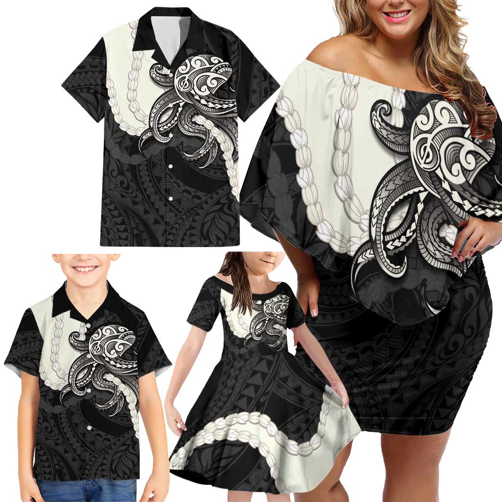 Black Polynesia Tribal Octopus Tattoo Family Matching Off Shoulder Short Dress and Hawaiian Shirt Pikake Lei Polynesian Pattern