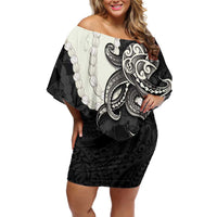 Black Polynesia Tribal Octopus Tattoo Family Matching Off Shoulder Short Dress and Hawaiian Shirt Pikake Lei Polynesian Pattern LT14 Mom's Dress Black - Polynesian Pride
