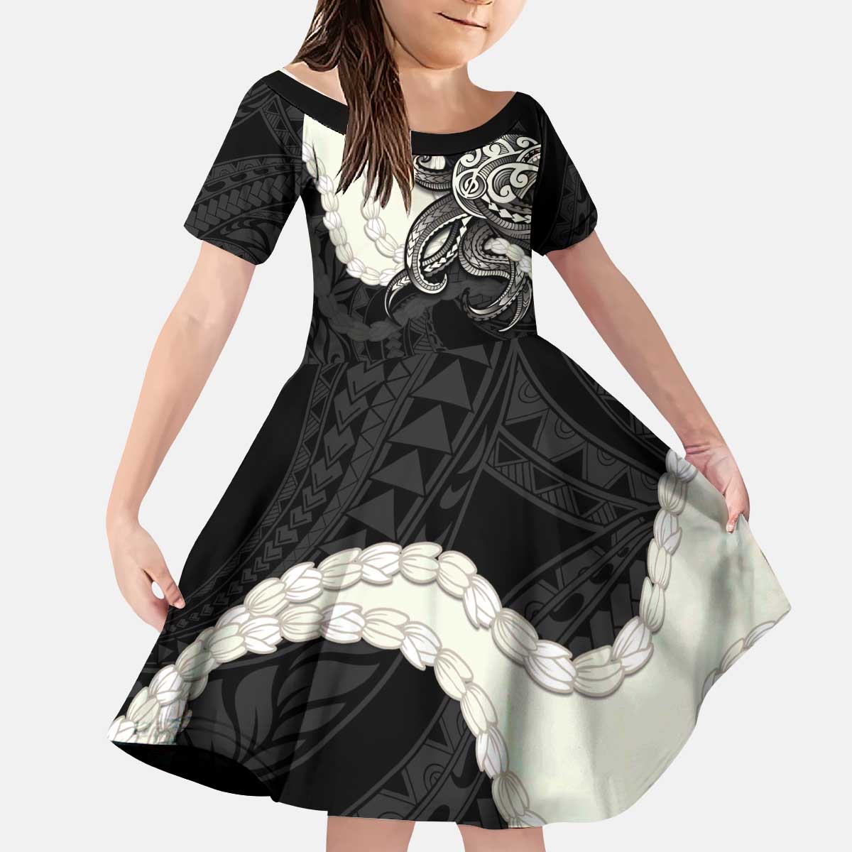 Black Polynesia Tribal Octopus Tattoo Kid Short Sleeve Dress Pikake Lei Polynesian Pattern