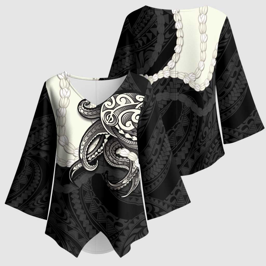 Black Polynesia Tribal Octopus Tattoo Kimono Sleeve Blouse Pikake Lei Polynesian Pattern
