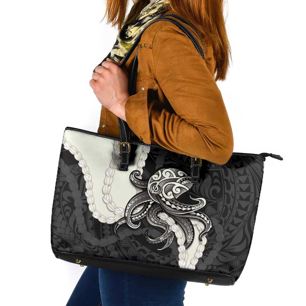 Black Polynesia Tribal Octopus Tattoo Leather Tote Bag Pikake Lei Polynesian Pattern