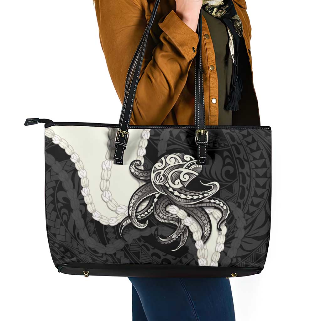 Black Polynesia Tribal Octopus Tattoo Leather Tote Bag Pikake Lei Polynesian Pattern