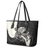 Black Polynesia Tribal Octopus Tattoo Leather Tote Bag Pikake Lei Polynesian Pattern