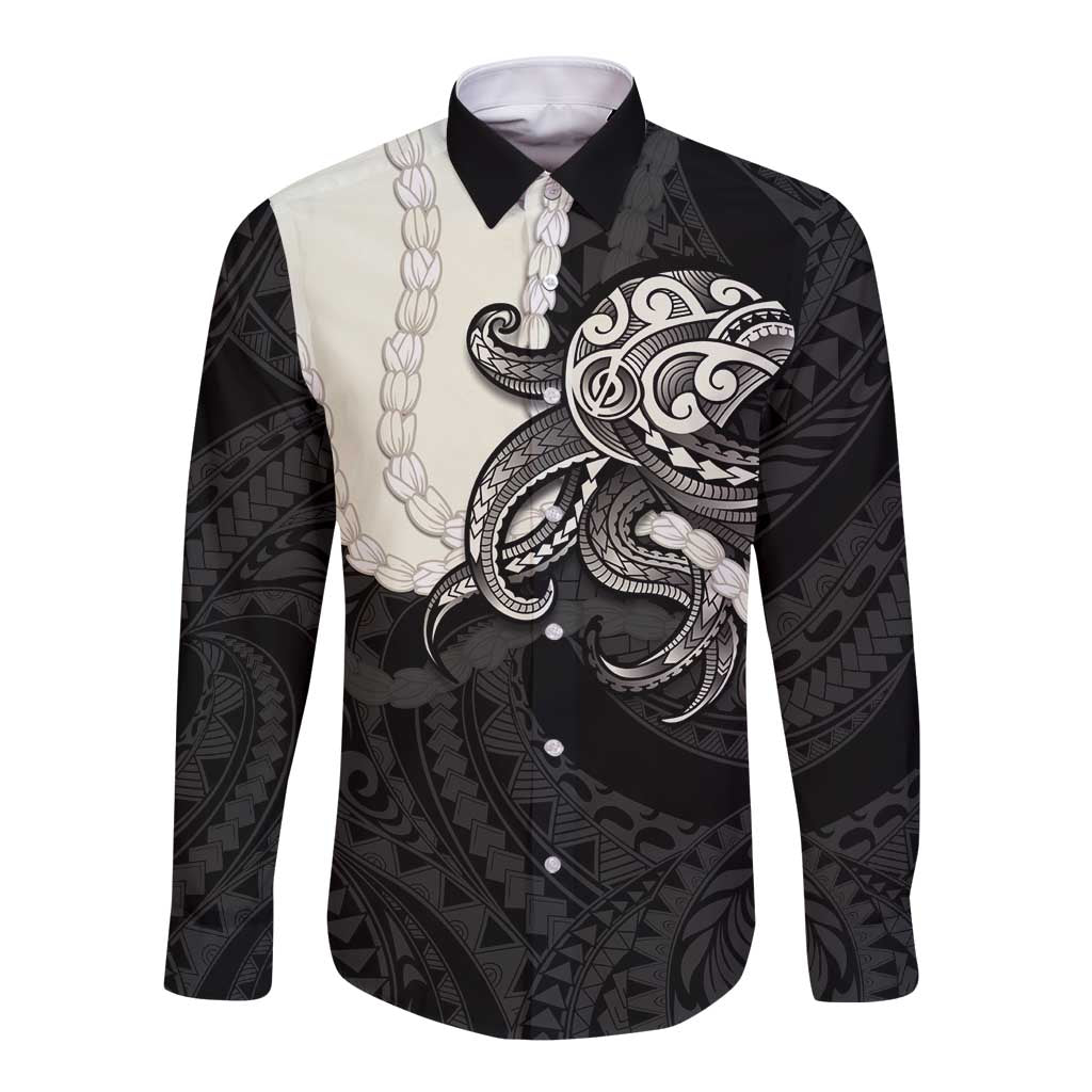 Black Polynesia Tribal Octopus Tattoo Long Sleeve Button Shirt Pikake Lei Polynesian Pattern