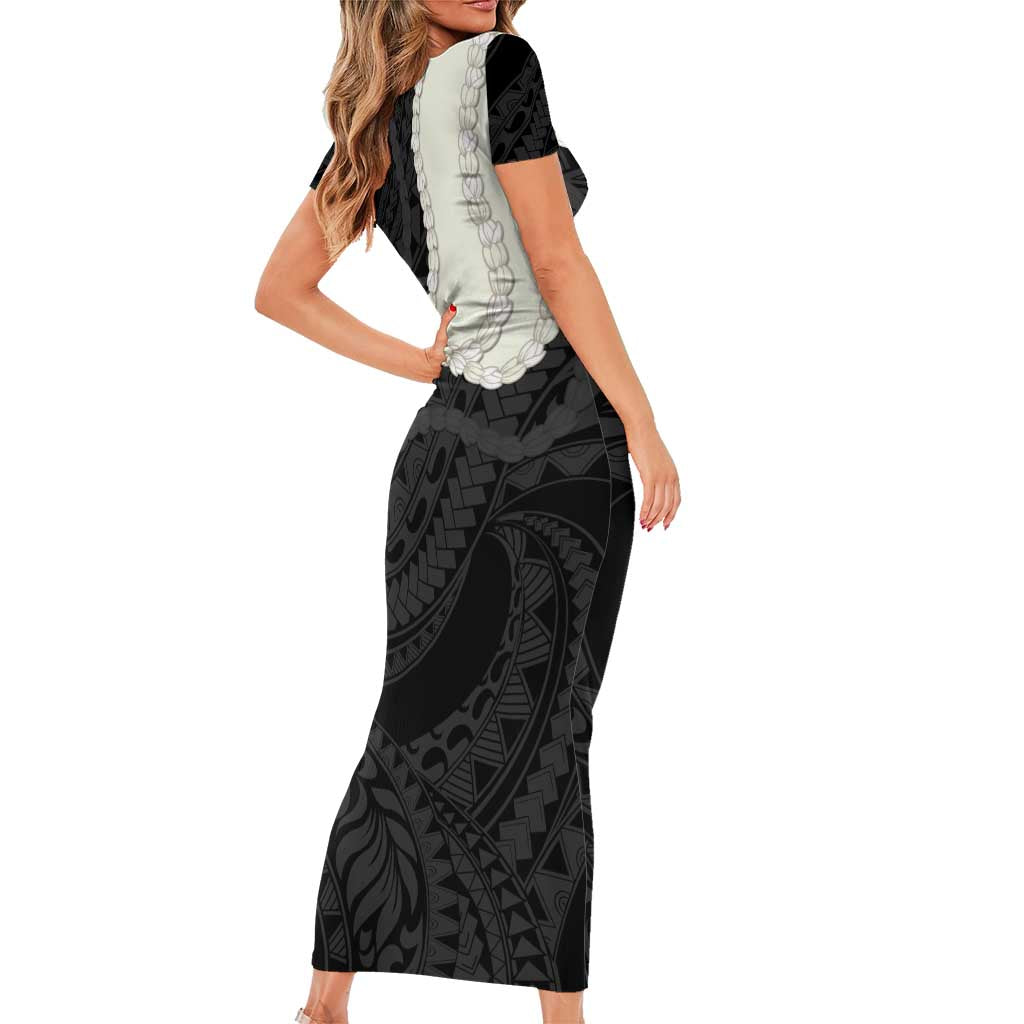 Black Polynesia Tribal Octopus Tattoo Short Sleeve Bodycon Dress Pikake Lei Polynesian Pattern