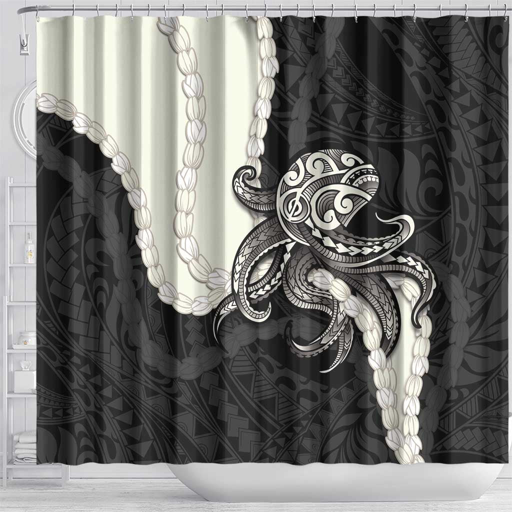Black Polynesia Tribal Octopus Tattoo Shower Curtain Pikake Lei Polynesian Pattern