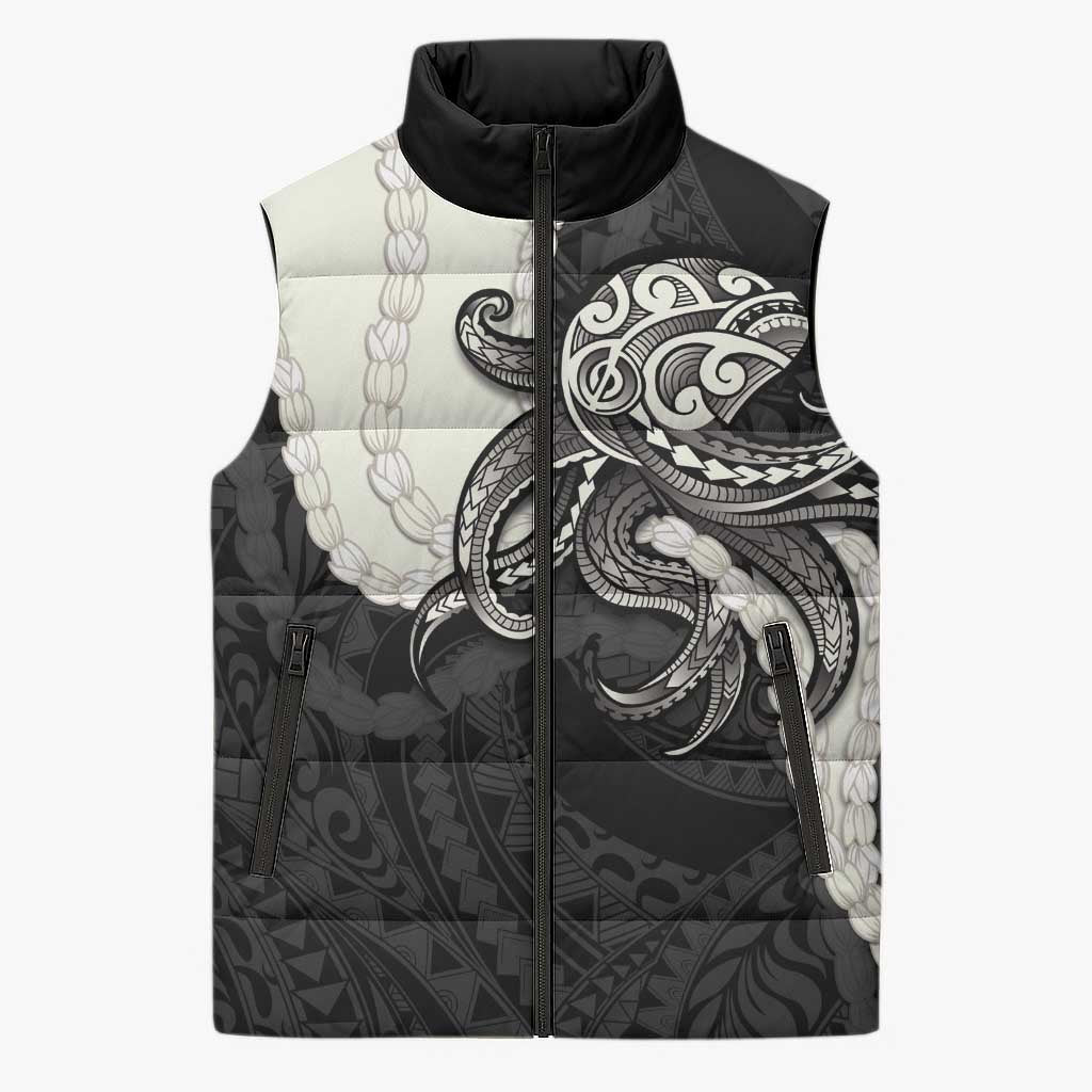Black Polynesia Tribal Octopus Tattoo Sleeveless Puffer Jacket Pikake Lei Polynesian Pattern
