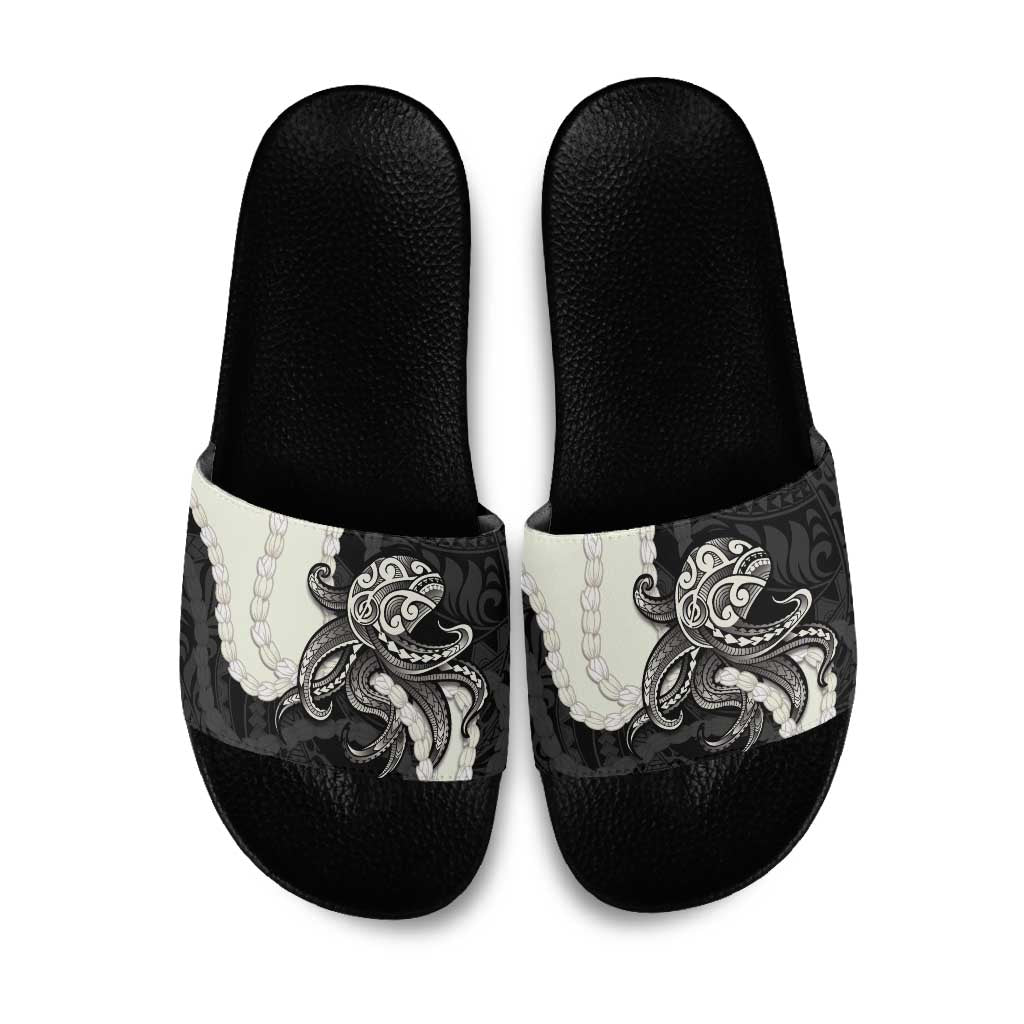 Black Polynesia Tribal Octopus Tattoo Slide Sandals Pikake Lei Polynesian Pattern