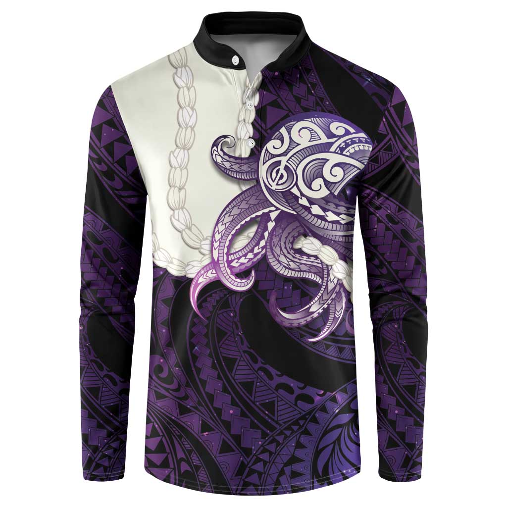Purple Galaxy Polynesia Tribal Octopus Tattoo Button Sweatshirt Pikake Lei Polynesian Pattern
