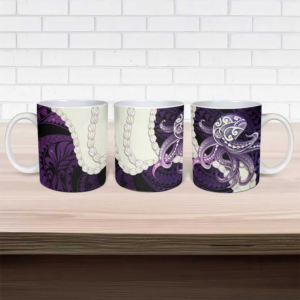 Purple Galaxy Polynesia Tribal Octopus Tattoo Ceramic Mug Pikake Lei Polynesian Pattern