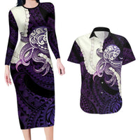 Purple Galaxy Polynesia Tribal Octopus Tattoo Couples Matching Long Sleeve Bodycon Dress and Hawaiian Shirt Pikake Lei Polynesian Pattern LT14 Purple - Polynesian Pride