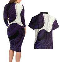 Purple Galaxy Polynesia Tribal Octopus Tattoo Couples Matching Long Sleeve Bodycon Dress and Hawaiian Shirt Pikake Lei Polynesian Pattern LT14 - Polynesian Pride