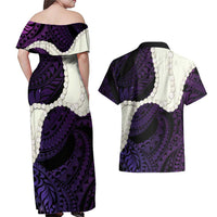 Purple Galaxy Polynesia Tribal Octopus Tattoo Couples Matching Off Shoulder Maxi Dress and Hawaiian Shirt Pikake Lei Polynesian Pattern