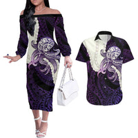 Purple Galaxy Polynesia Tribal Octopus Tattoo Couples Matching Off The Shoulder Long Sleeve Dress and Hawaiian Shirt Pikake Lei Polynesian Pattern LT14 Purple - Polynesian Pride