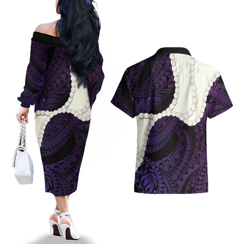 Purple Galaxy Polynesia Tribal Octopus Tattoo Couples Matching Off The Shoulder Long Sleeve Dress and Hawaiian Shirt Pikake Lei Polynesian Pattern LT14 - Polynesian Pride