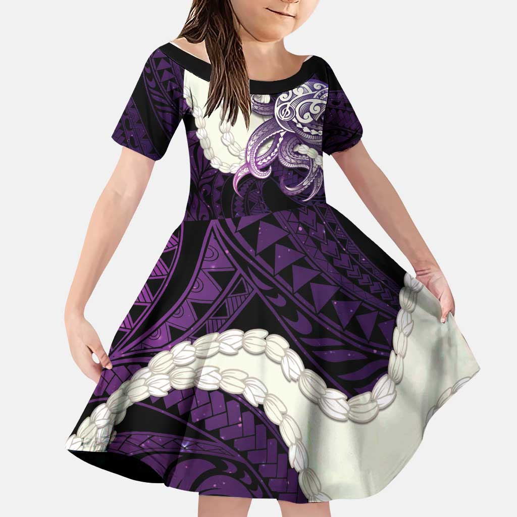 Purple Galaxy Polynesia Tribal Octopus Tattoo Family Matching Long Sleeve Bodycon Dress and Hawaiian Shirt Pikake Lei Polynesian Pattern LT14 Daughter's Dress Purple - Polynesian Pride