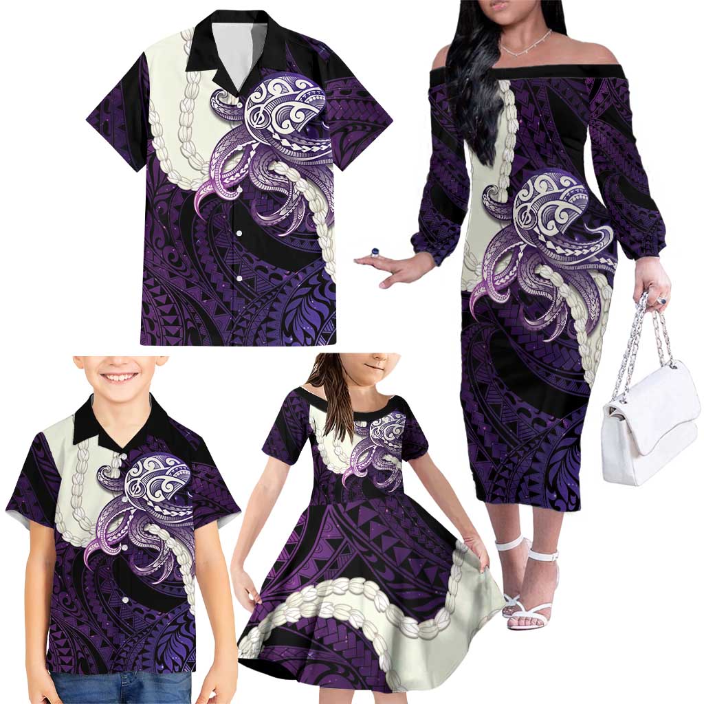 Purple Galaxy Polynesia Tribal Octopus Tattoo Family Matching Off The Shoulder Long Sleeve Dress and Hawaiian Shirt Pikake Lei Polynesian Pattern LT14 - Polynesian Pride