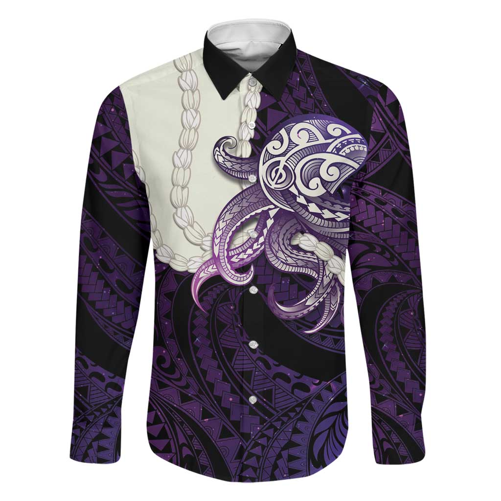 Purple Galaxy Polynesia Tribal Octopus Tattoo Family Matching Off Shoulder Maxi Dress and Hawaiian Shirt Pikake Lei Polynesian Pattern LT14 Dad's Shirt - Long Sleeve Purple - Polynesian Pride
