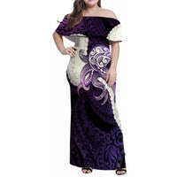 Purple Galaxy Polynesia Tribal Octopus Tattoo Family Matching Off Shoulder Maxi Dress and Hawaiian Shirt Pikake Lei Polynesian Pattern LT14 Mom's Dress Purple - Polynesian Pride