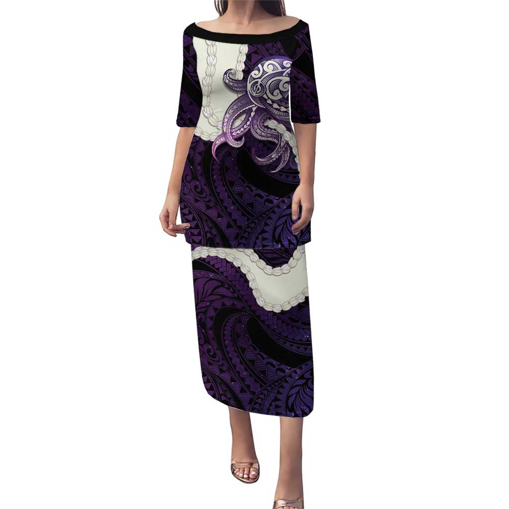 Purple Galaxy Polynesia Tribal Octopus Tattoo Family Matching Puletasi and Hawaiian Shirt Pikake Lei Polynesian Pattern LT14 Mom's Dress Purple - Polynesian Pride