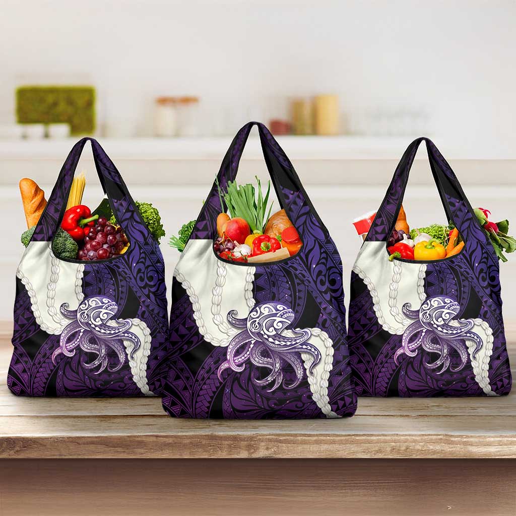 Purple Galaxy Polynesia Tribal Octopus Tattoo Grocery Bag Pikake Lei Polynesian Pattern