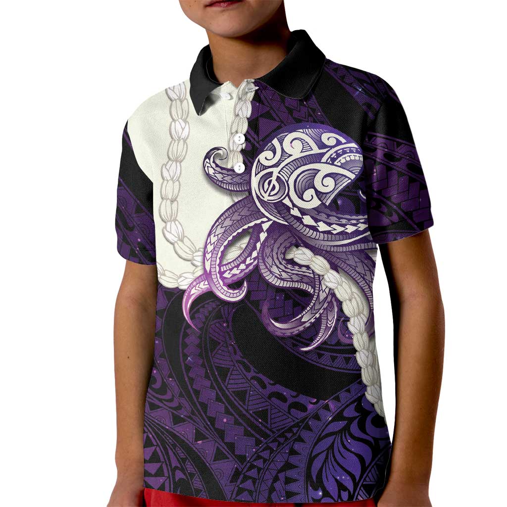 Purple Galaxy Polynesia Tribal Octopus Tattoo Kid Polo Shirt Pikake Lei Polynesian Pattern