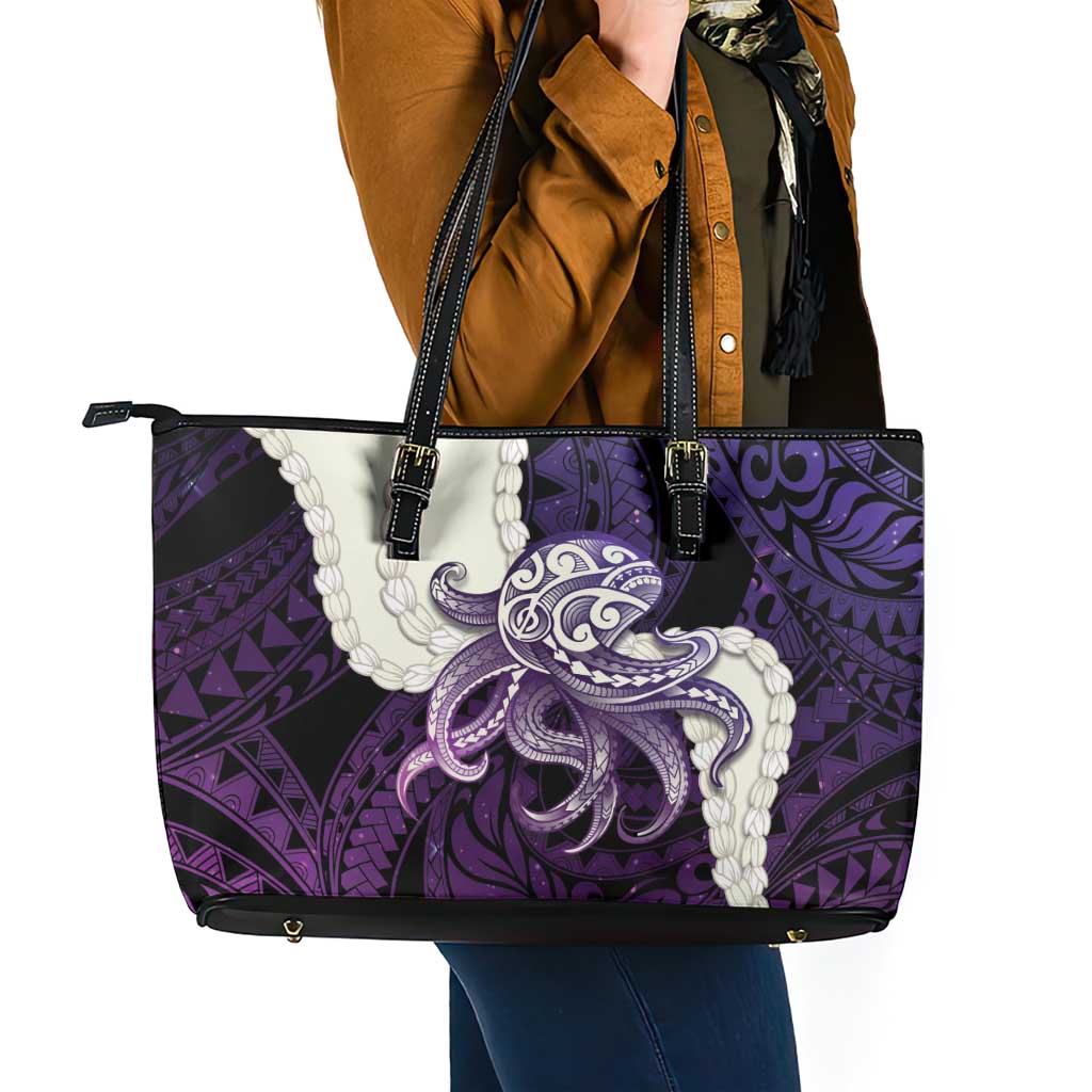 Purple Galaxy Polynesia Tribal Octopus Tattoo Leather Tote Bag Pikake Lei Polynesian Pattern