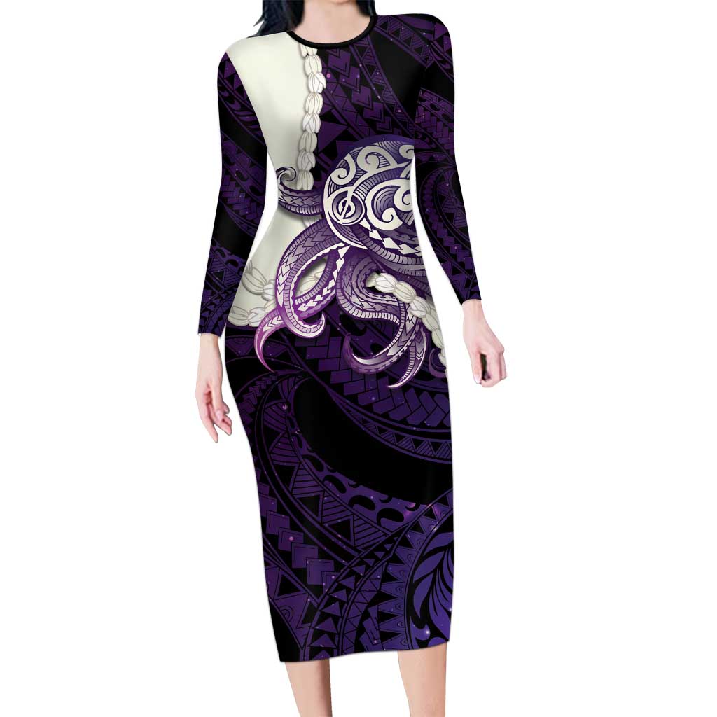 Purple Galaxy Polynesia Tribal Octopus Tattoo Long Sleeve Bodycon Dress Pikake Lei Polynesian Pattern