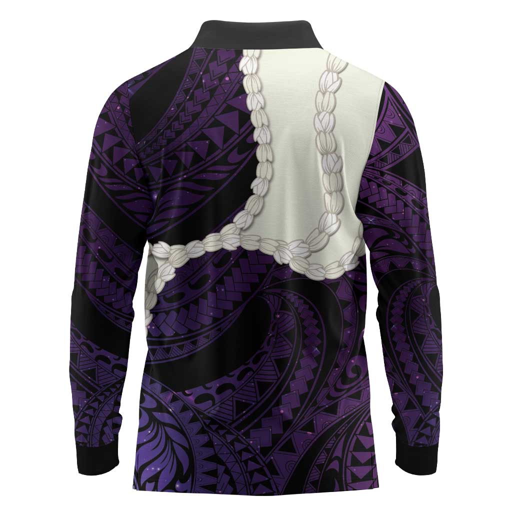 Purple Galaxy Polynesia Tribal Octopus Tattoo Long Sleeve Polo Shirt Pikake Lei Polynesian Pattern