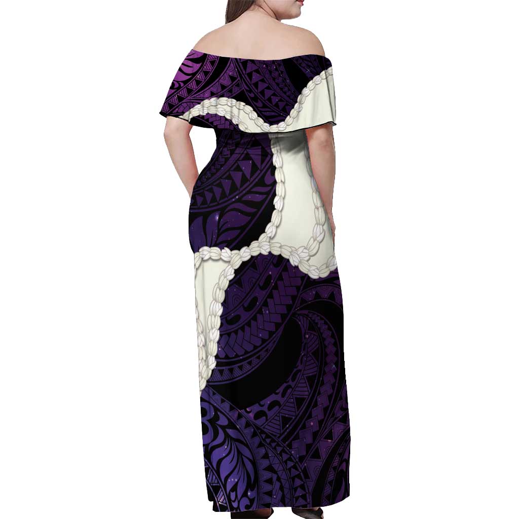 Purple Galaxy Polynesia Tribal Octopus Tattoo Off Shoulder Maxi Dress Pikake Lei Polynesian Pattern