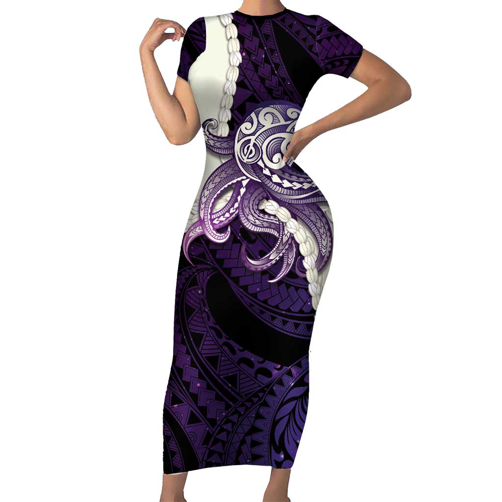 Purple Galaxy Polynesia Tribal Octopus Tattoo Short Sleeve Bodycon Dress Pikake Lei Polynesian Pattern