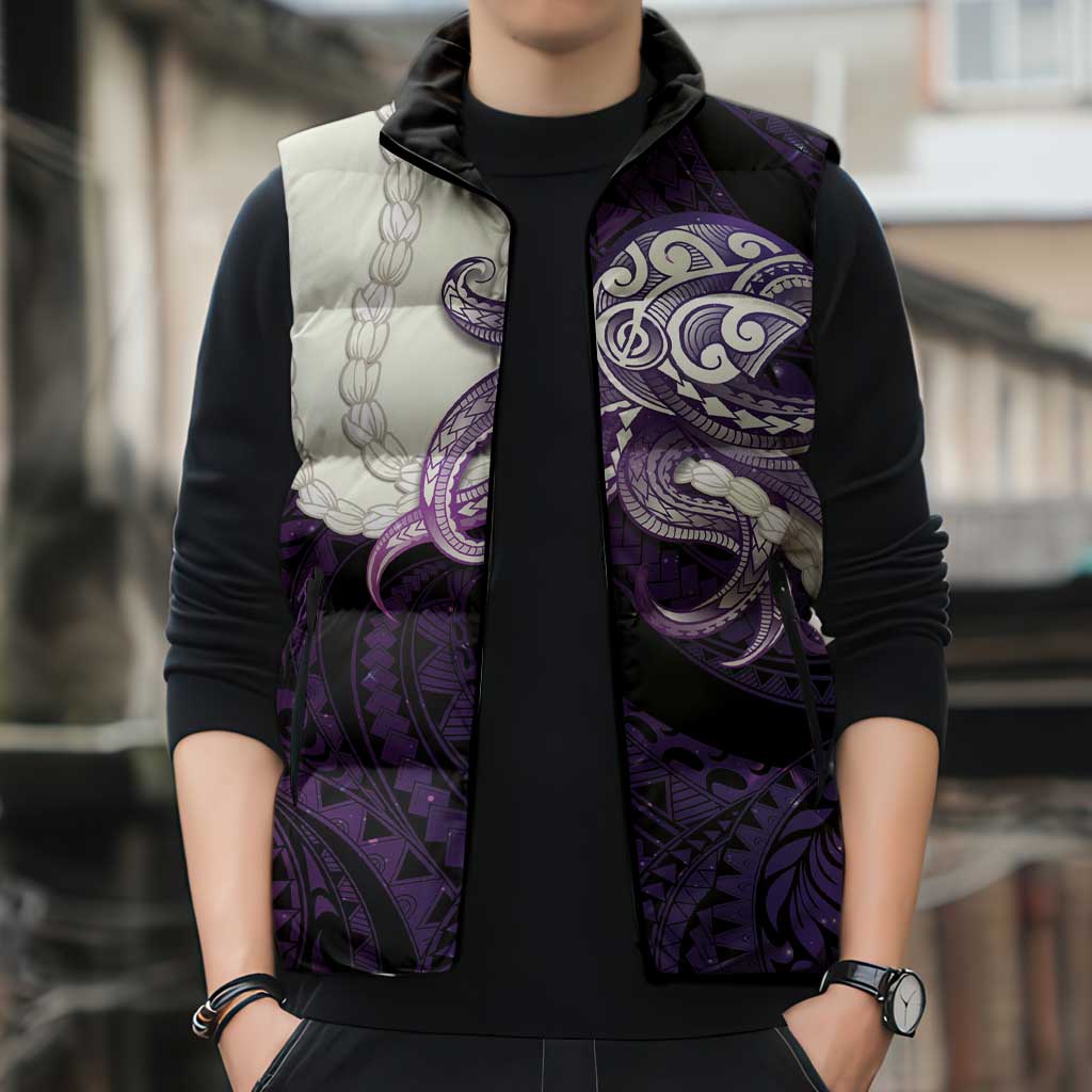 Purple Galaxy Polynesia Tribal Octopus Tattoo Sleeveless Puffer Jacket Pikake Lei Polynesian Pattern