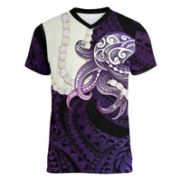 Purple Galaxy Polynesia Tribal Octopus Tattoo Women V-Neck T-Shirt Pikake Lei Polynesian Pattern LT14 Female Purple - Polynesian Pride