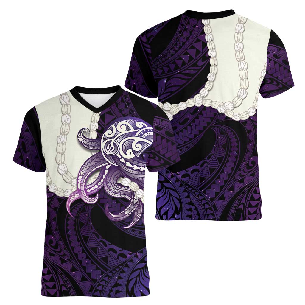 Purple Galaxy Polynesia Tribal Octopus Tattoo Women V-Neck T-Shirt Pikake Lei Polynesian Pattern LT14 - Polynesian Pride