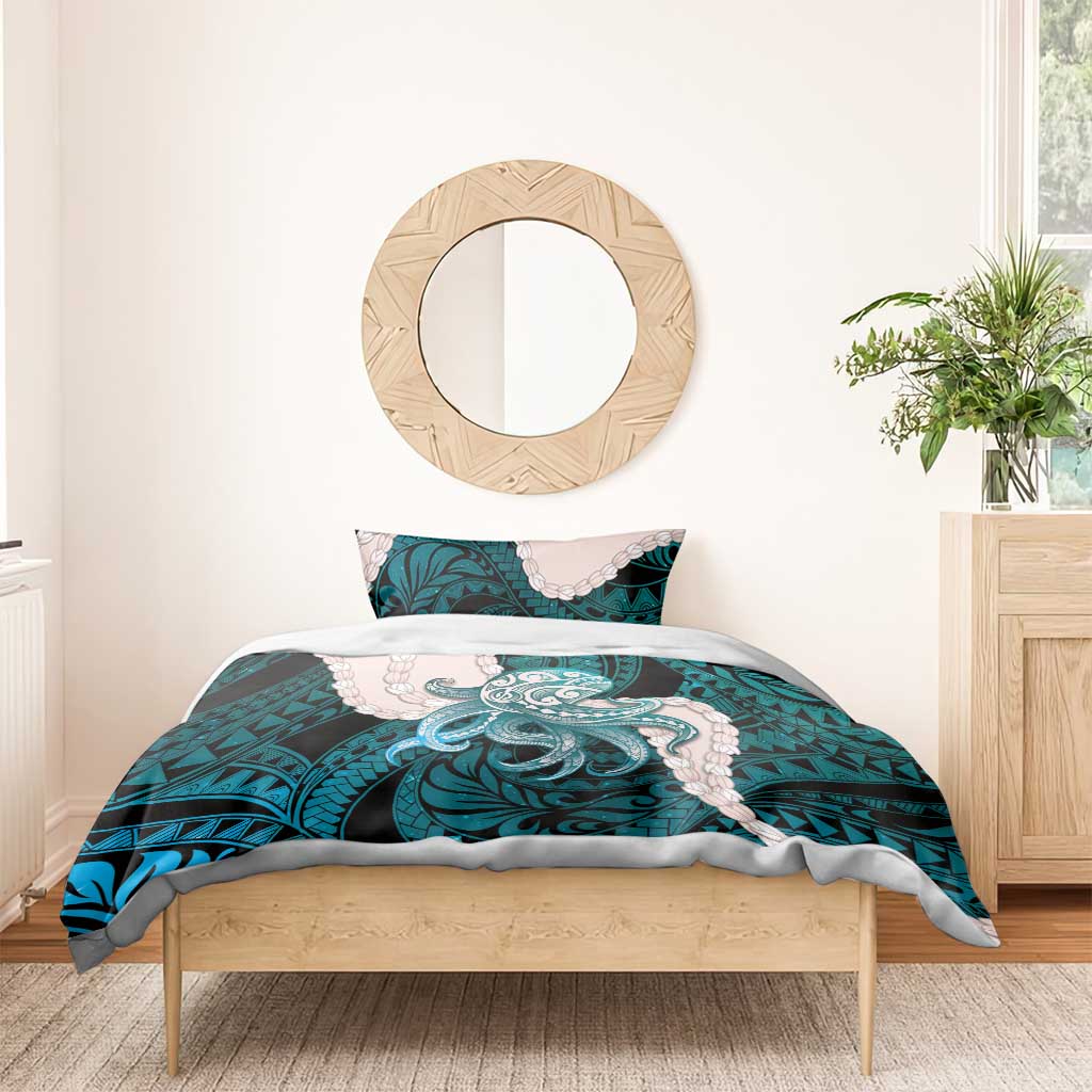 Teal Galaxy Polynesia Tribal Octopus Tattoo Bedding Set Pikake Lei Polynesian Pattern