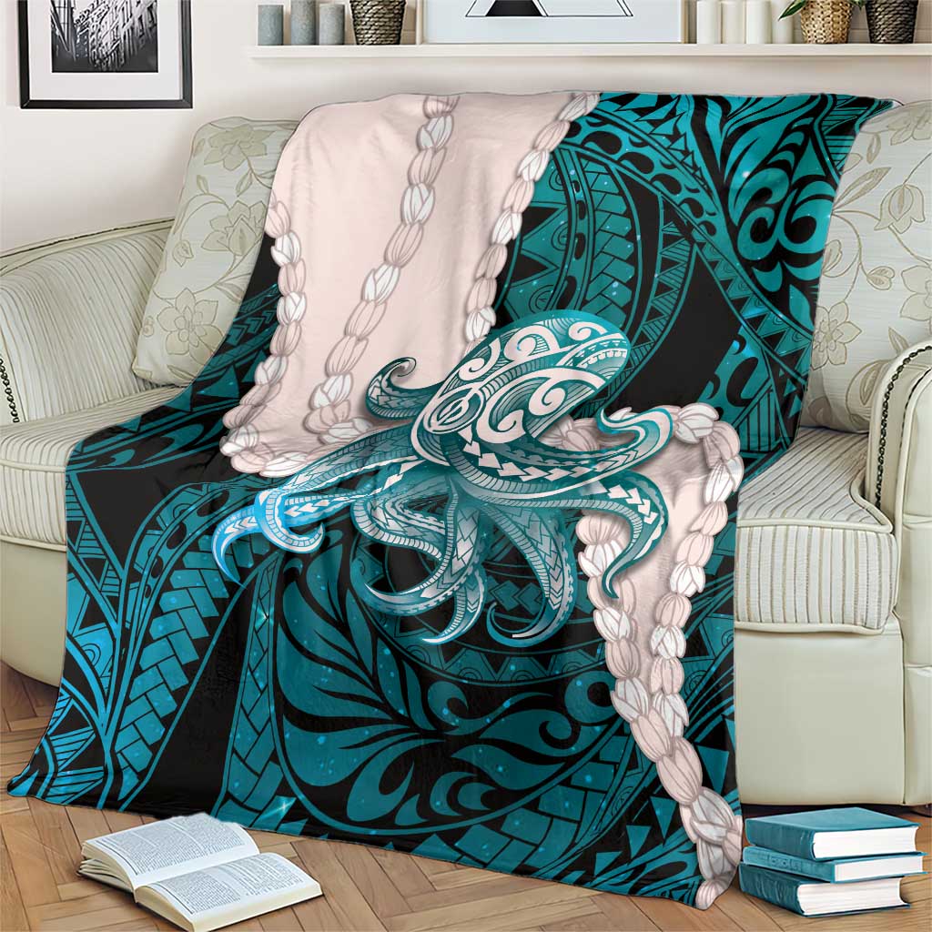Teal Galaxy Polynesia Tribal Octopus Tattoo Blanket Pikake Lei Polynesian Pattern