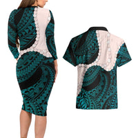 Teal Galaxy Polynesia Tribal Octopus Tattoo Couples Matching Long Sleeve Bodycon Dress and Hawaiian Shirt Pikake Lei Polynesian Pattern