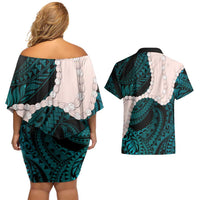 Teal Galaxy Polynesia Tribal Octopus Tattoo Couples Matching Off Shoulder Short Dress and Hawaiian Shirt Pikake Lei Polynesian Pattern