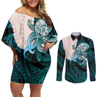Teal Galaxy Polynesia Tribal Octopus Tattoo Couples Matching Off Shoulder Short Dress and Long Sleeve Button Shirt Pikake Lei Polynesian Pattern