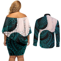 Teal Galaxy Polynesia Tribal Octopus Tattoo Couples Matching Off Shoulder Short Dress and Long Sleeve Button Shirt Pikake Lei Polynesian Pattern
