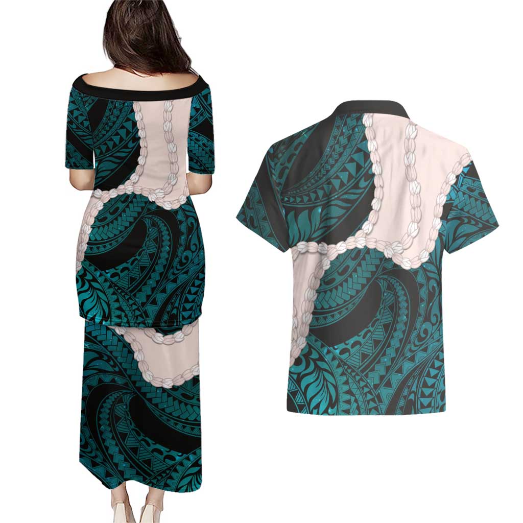 Teal Galaxy Polynesia Tribal Octopus Tattoo Couples Matching Puletasi and Hawaiian Shirt Pikake Lei Polynesian Pattern